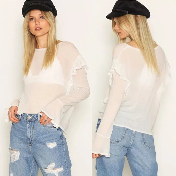 IRO Black Dunia Ruffle Trim Long Bell Sleeve Top Blouse Size Medium - Picture 8 of 12